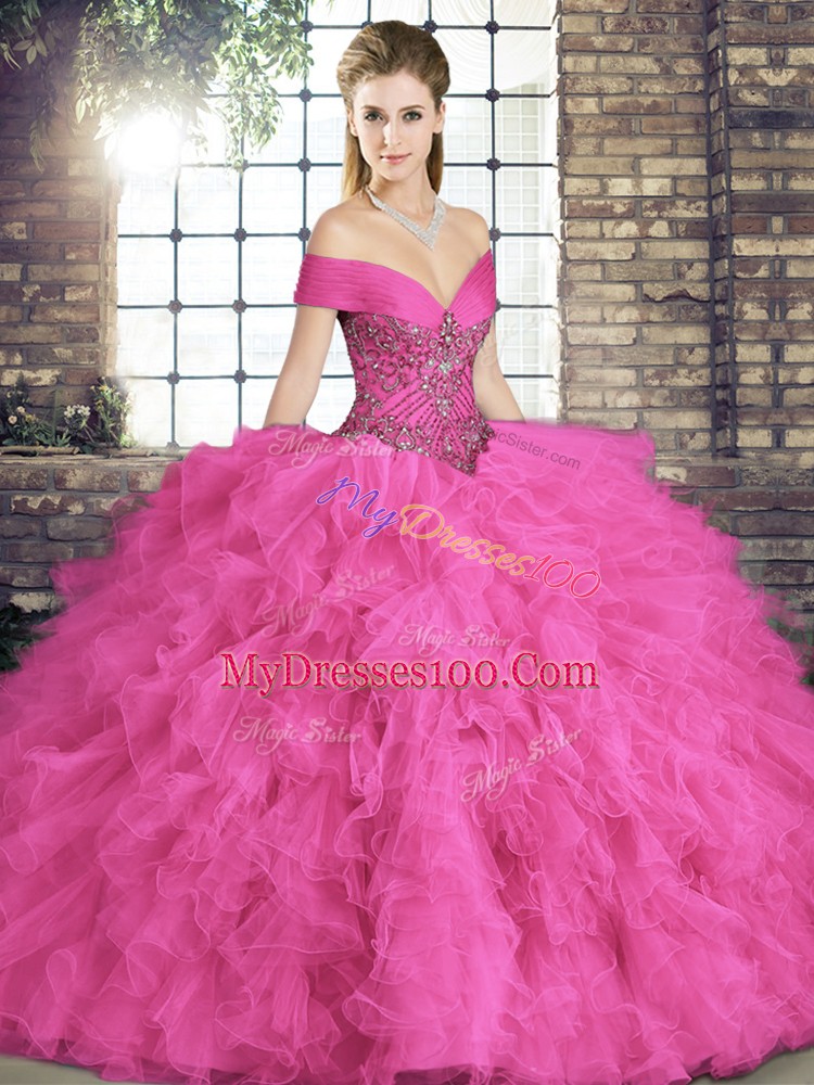 Sleeveless Tulle Floor Length Lace Up Quinceanera Dress in Hot Pink with Beading and Ruffles