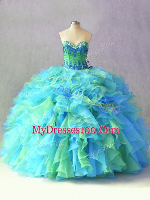 Multi-color Sweetheart Lace Up Beading and Ruffles 15th Birthday Dress Sleeveless
