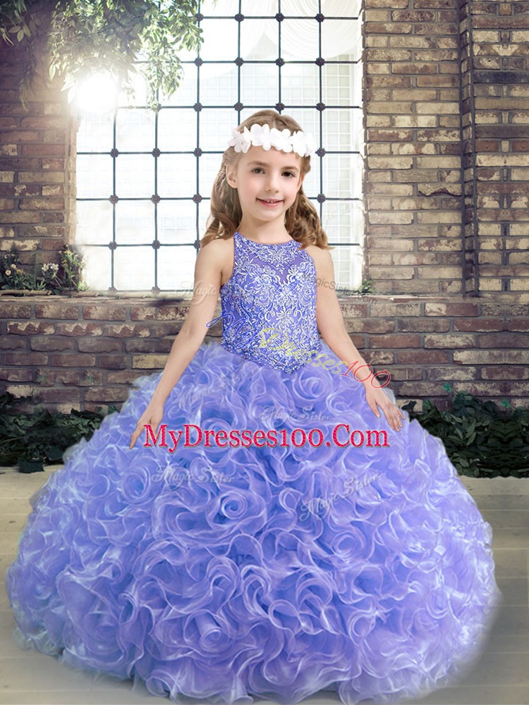 Lavender Ball Gowns Beading and Ruffles Pageant Gowns Lace Up Fabric With Rolling Flowers Sleeveless Floor Length
