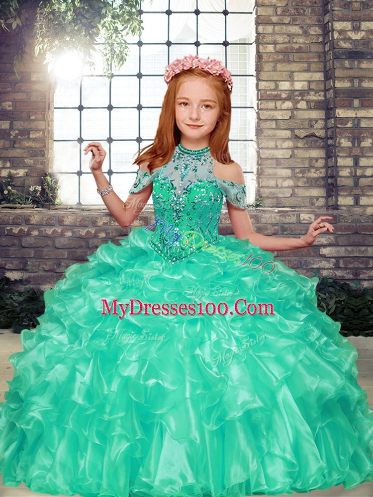Superior Floor Length Lace Up Kids Formal Wear Apple Green for Party and Wedding Party with Beading and Ruffles