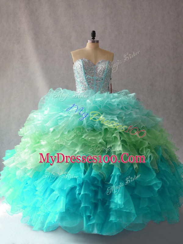 Multi-color Organza Lace Up Sweetheart Sleeveless Floor Length 15 Quinceanera Dress Beading and Ruffles
