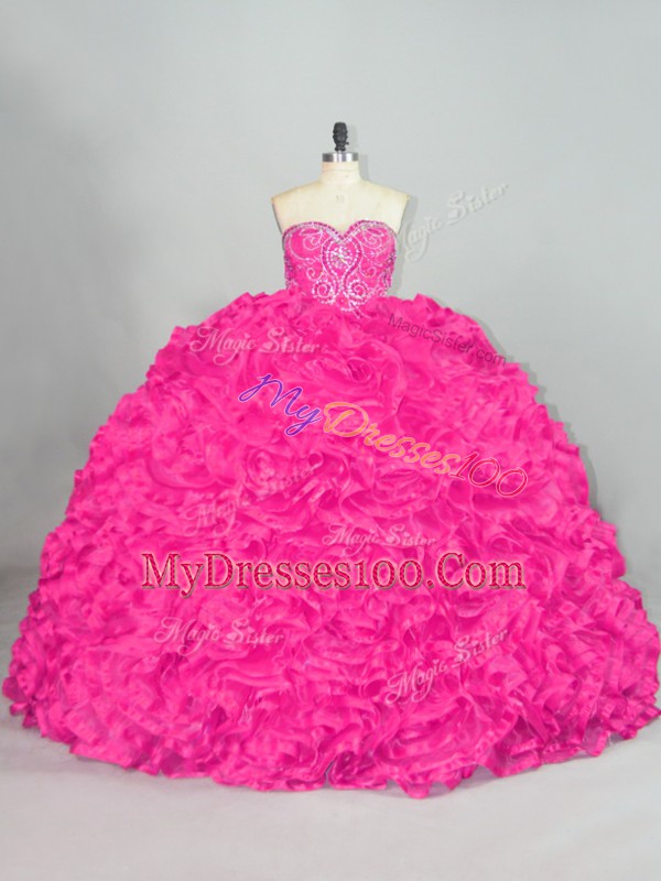 Fancy Sleeveless Brush Train Lace Up Beading and Ruffles Sweet 16 Dress