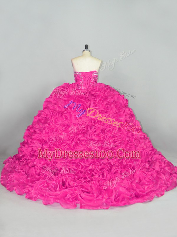 Fancy Sleeveless Brush Train Lace Up Beading and Ruffles Sweet 16 Dress