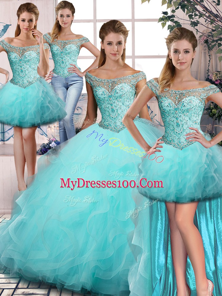 Affordable Aqua Blue Ball Gowns Tulle Off The Shoulder Sleeveless Beading and Ruffles Floor Length Lace Up Sweet 16 Dresses