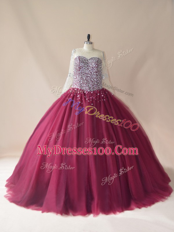 Burgundy Ball Gowns Beading Sweet 16 Dresses Lace Up Tulle Long Sleeves
