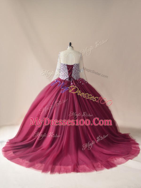 Burgundy Ball Gowns Beading Sweet 16 Dresses Lace Up Tulle Long Sleeves