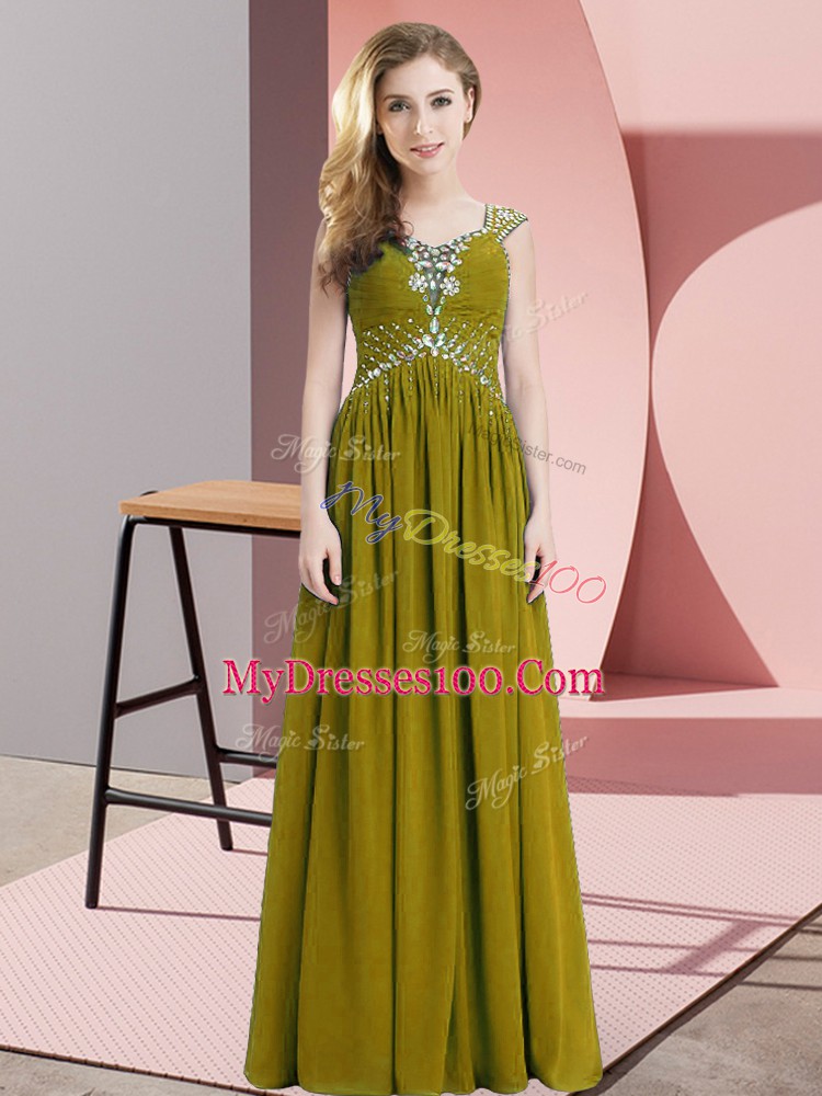 Olive Green Straps Neckline Beading and Ruching Prom Dress Cap Sleeves Lace Up