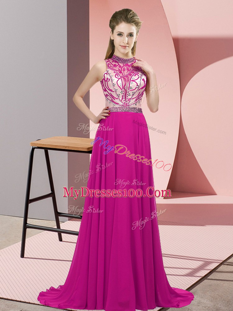 Fuchsia Chiffon Backless Halter Top Sleeveless Prom Gown Brush Train Beading