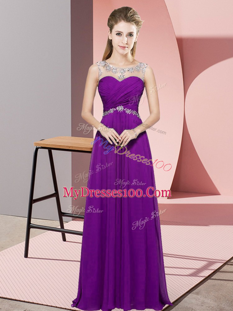 Custom Designed Sleeveless Chiffon Floor Length Backless in Eggplant Purple with Beading