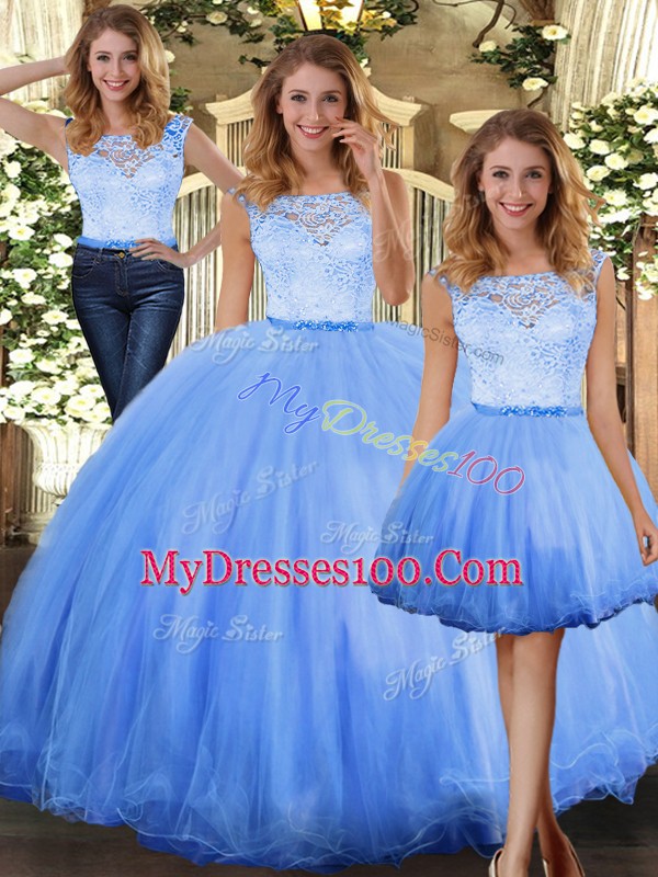Sleeveless Floor Length Lace Clasp Handle Ball Gown Prom Dress with Blue
