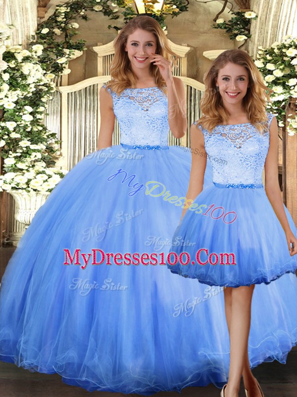 Sleeveless Floor Length Lace Clasp Handle Ball Gown Prom Dress with Blue
