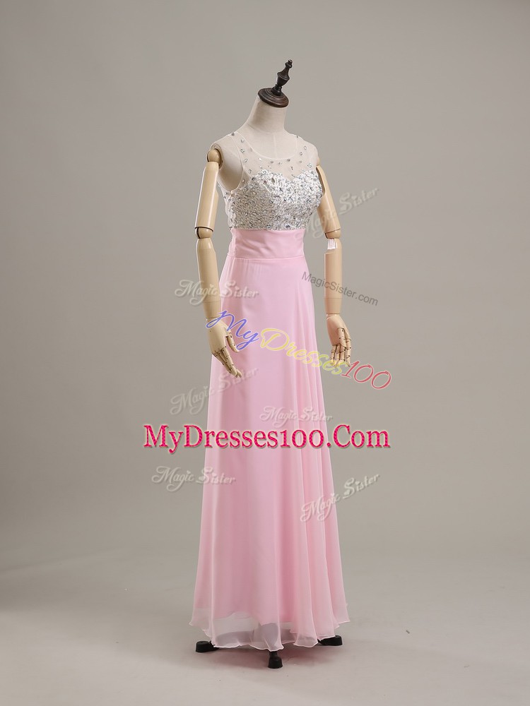 Baby Pink Column/Sheath Beading Prom Evening Gown Side Zipper Chiffon Sleeveless Floor Length