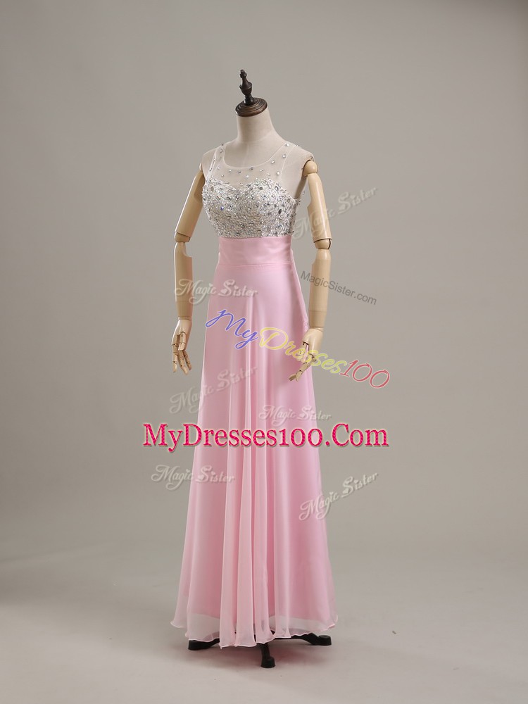 Baby Pink Column/Sheath Beading Prom Evening Gown Side Zipper Chiffon Sleeveless Floor Length