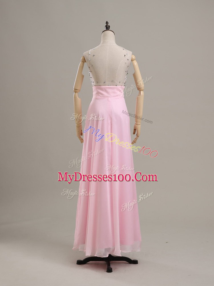 Baby Pink Column/Sheath Beading Prom Evening Gown Side Zipper Chiffon Sleeveless Floor Length