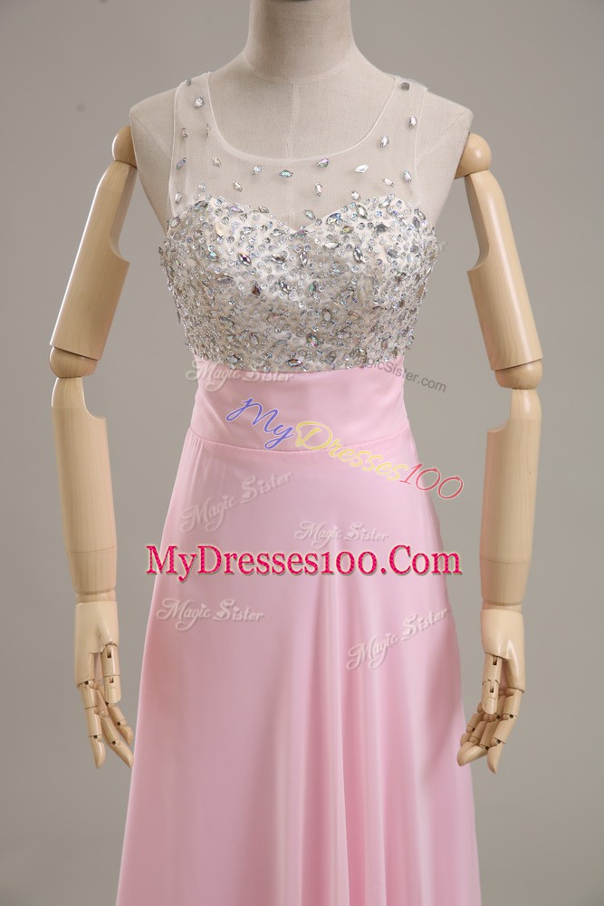 Baby Pink Column/Sheath Beading Prom Evening Gown Side Zipper Chiffon Sleeveless Floor Length