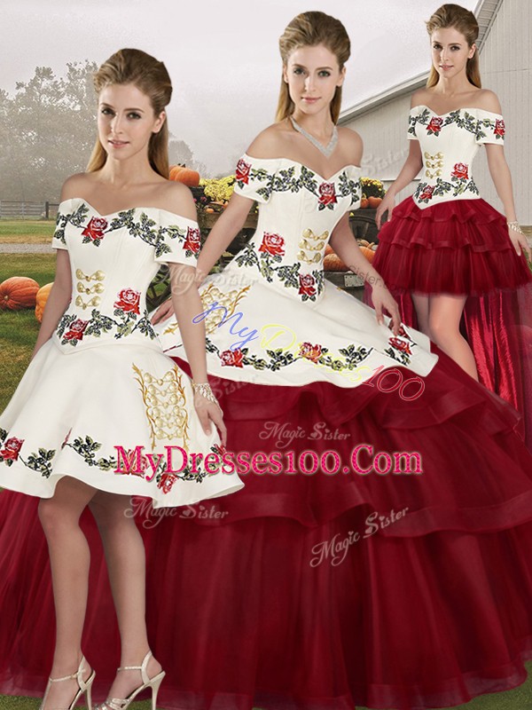 Wine Red Ball Gowns Tulle Off The Shoulder Sleeveless Embroidery and Ruffled Layers Lace Up Ball Gown Prom Dress Brush Train