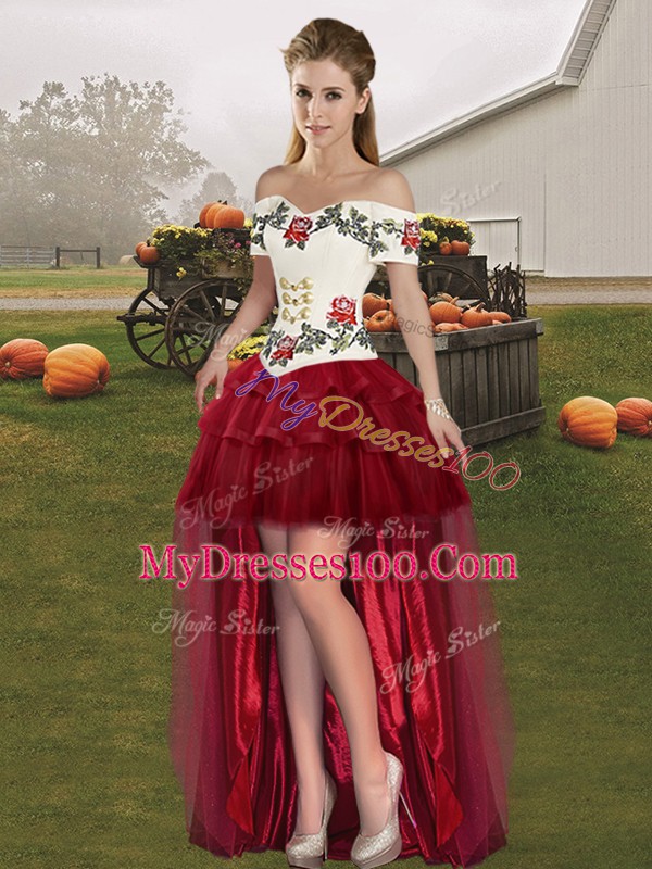 Wine Red Ball Gowns Tulle Off The Shoulder Sleeveless Embroidery and Ruffled Layers Lace Up Ball Gown Prom Dress Brush Train