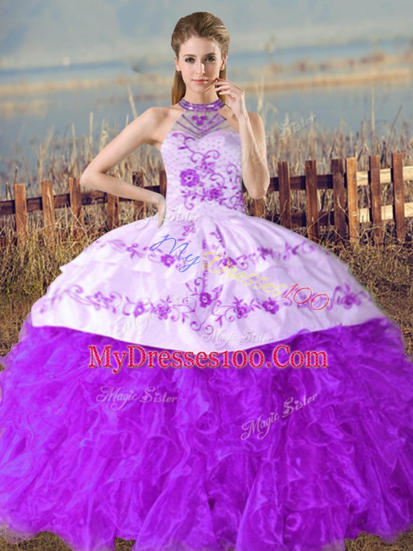 Ideal Purple Organza Lace Up Halter Top Sleeveless Floor Length Sweet 16 Quinceanera Dress Court Train Embroidery and Ruffles