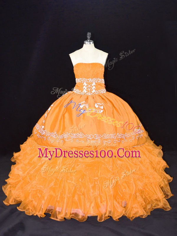 Gold Ball Gowns Embroidery and Ruffles Quinceanera Dress Lace Up Organza Sleeveless Floor Length