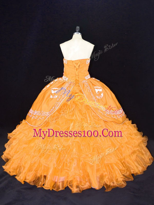 Gold Ball Gowns Embroidery and Ruffles Quinceanera Dress Lace Up Organza Sleeveless Floor Length