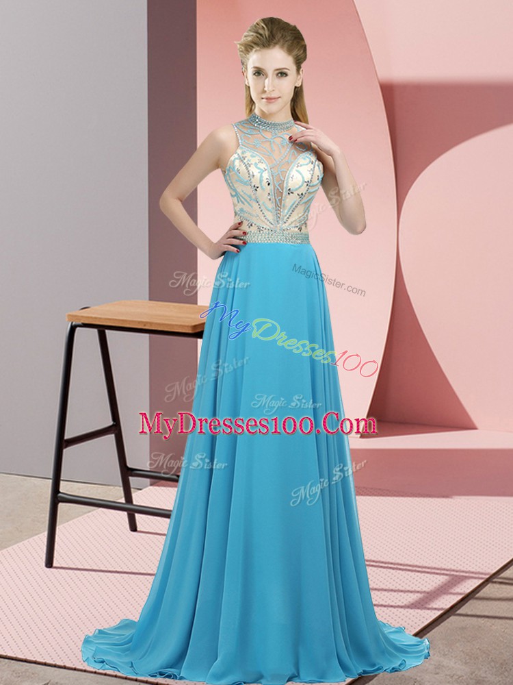 Flare Aqua Blue Empire Halter Top Sleeveless Chiffon Brush Train Backless Beading Homecoming Dress