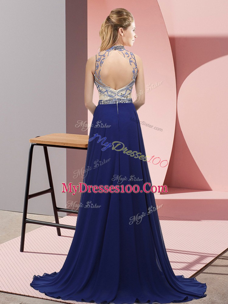 Flare Aqua Blue Empire Halter Top Sleeveless Chiffon Brush Train Backless Beading Homecoming Dress