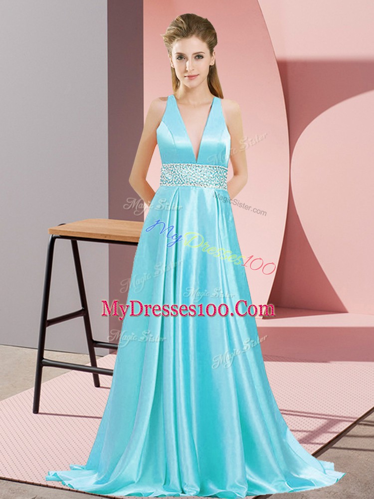 Designer Elastic Woven Satin Sleeveless Evening Dresses Brush Train and Beading