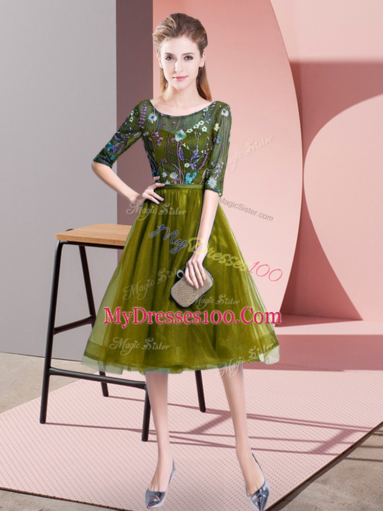 Custom Fit Knee Length Lace Up Vestidos de Damas Olive Green for Wedding Party with Embroidery
