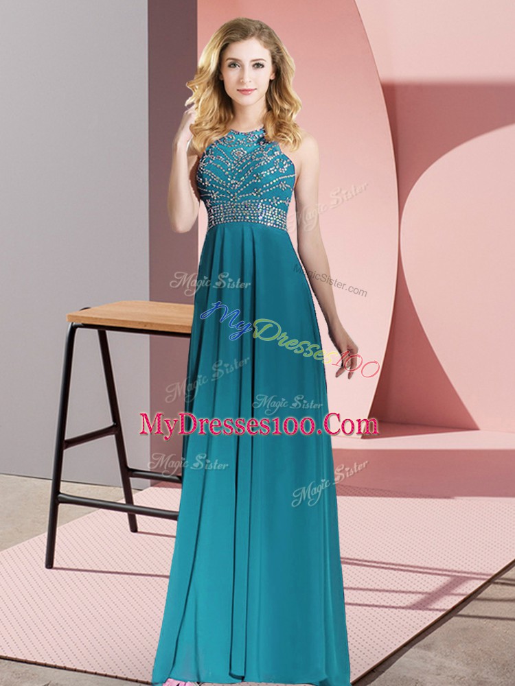 Teal Prom Party Dress Prom and Party with Beading Scoop Sleeveless Backless