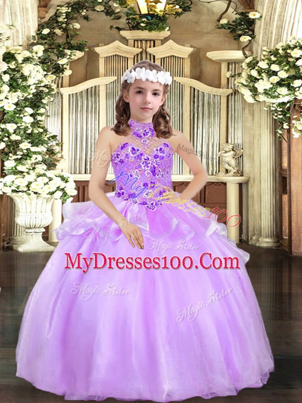 Wonderful Lavender Halter Top Neckline Appliques Girls Pageant Dresses Sleeveless Lace Up