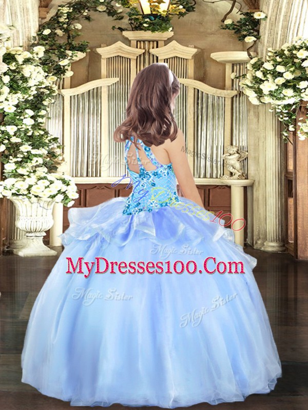 Wonderful Lavender Halter Top Neckline Appliques Girls Pageant Dresses Sleeveless Lace Up
