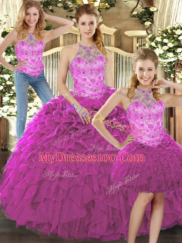 Cheap Organza Sleeveless Floor Length Quinceanera Gown and Beading and Ruffles