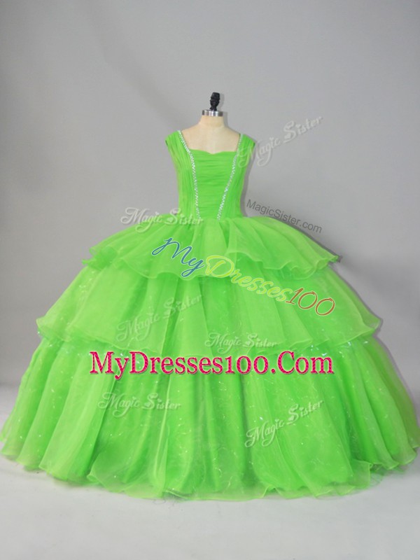 Ball Gowns Straps Sleeveless Organza Floor Length Lace Up Beading and Ruffled Layers and Ruching Quinceanera Dresses