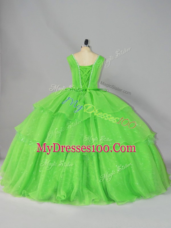 Ball Gowns Straps Sleeveless Organza Floor Length Lace Up Beading and Ruffled Layers and Ruching Quinceanera Dresses