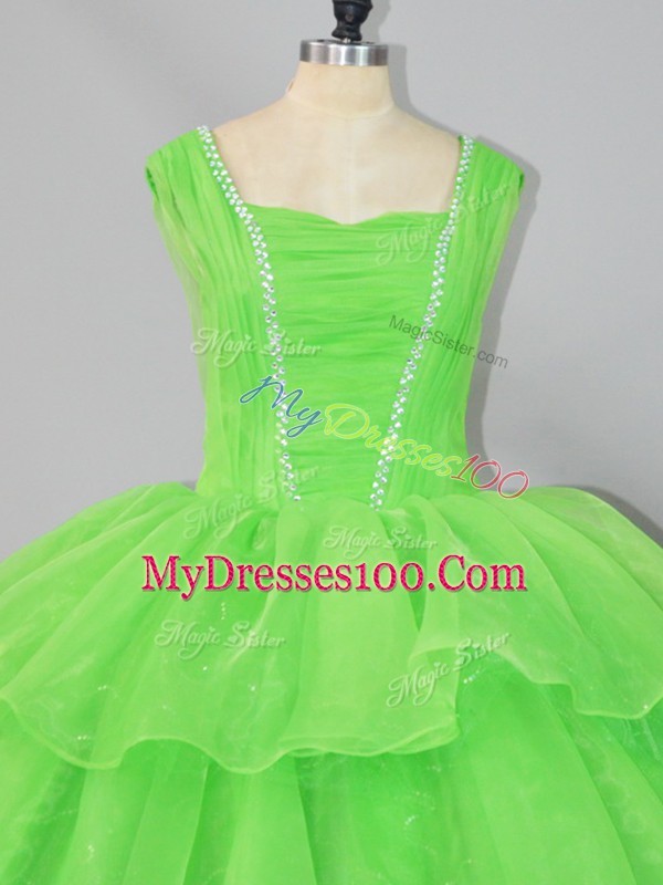 Ball Gowns Straps Sleeveless Organza Floor Length Lace Up Beading and Ruffled Layers and Ruching Quinceanera Dresses