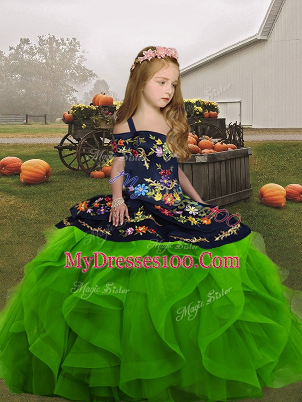 Sweet Floor Length Green Child Pageant Dress Organza Sleeveless Embroidery and Ruffles