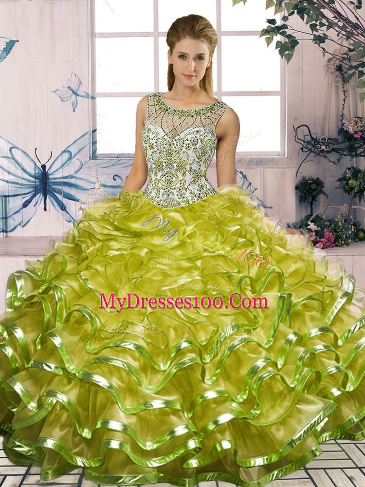 Sleeveless Organza Floor Length Lace Up Sweet 16 Dresses in Olive Green with Beading and Ruffles