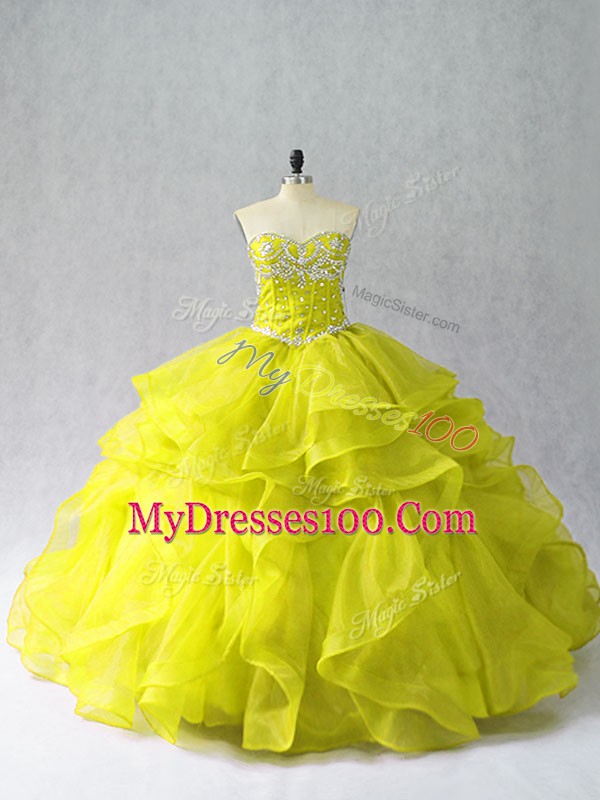 Cheap Yellow Green Lace Up Sweetheart Beading and Ruffles Quince Ball Gowns Organza Sleeveless