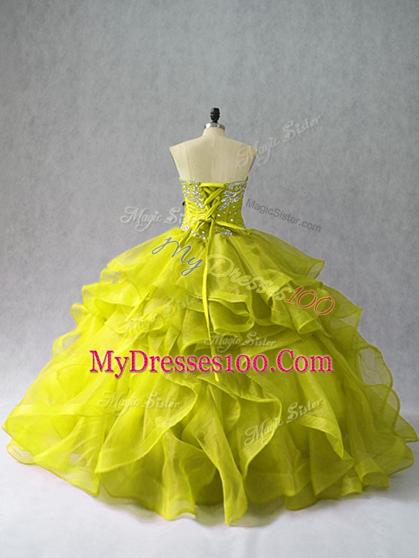 Cheap Yellow Green Lace Up Sweetheart Beading and Ruffles Quince Ball Gowns Organza Sleeveless