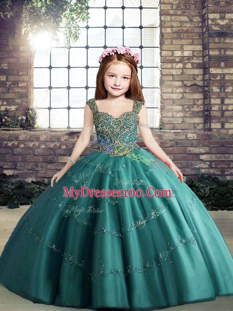 Teal Sleeveless Floor Length Beading Lace Up Little Girls Pageant Dress Wholesale