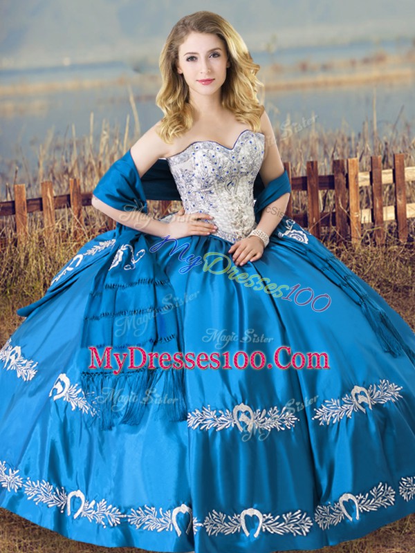 Sleeveless Floor Length Beading and Embroidery Lace Up Quinceanera Dresses with Baby Blue