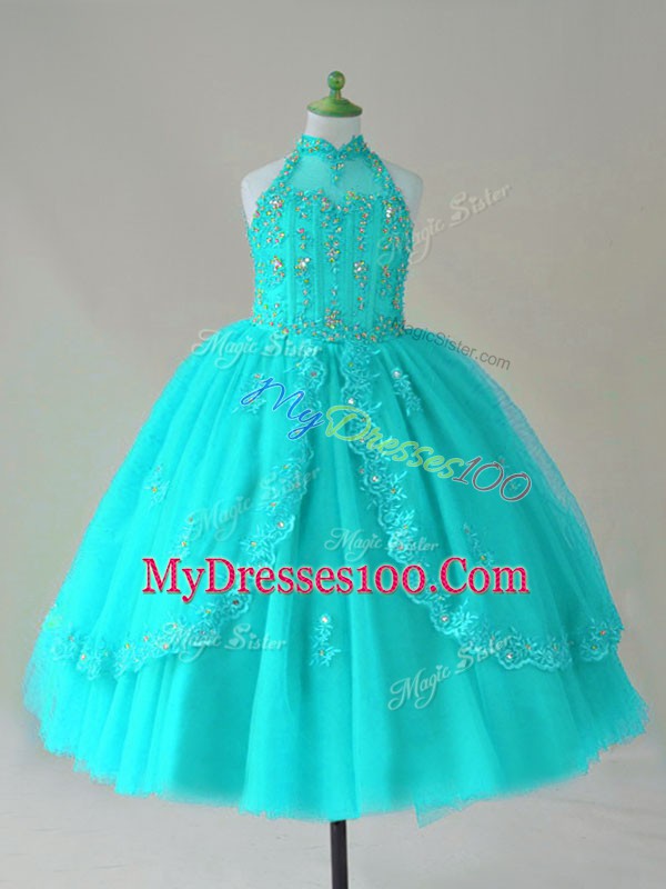 Tulle Sleeveless Floor Length Winning Pageant Gowns and Beading and Appliques