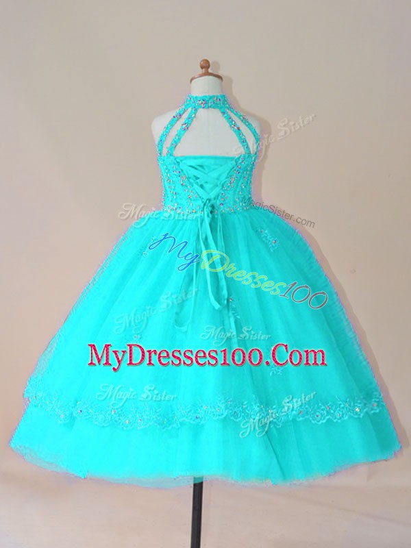 Tulle Sleeveless Floor Length Winning Pageant Gowns and Beading and Appliques