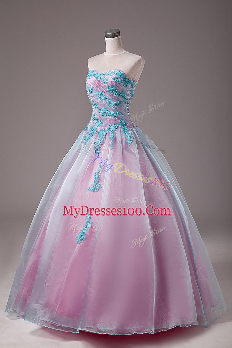 Sleeveless Floor Length Appliques Lace Up 15 Quinceanera Dress with Light Blue