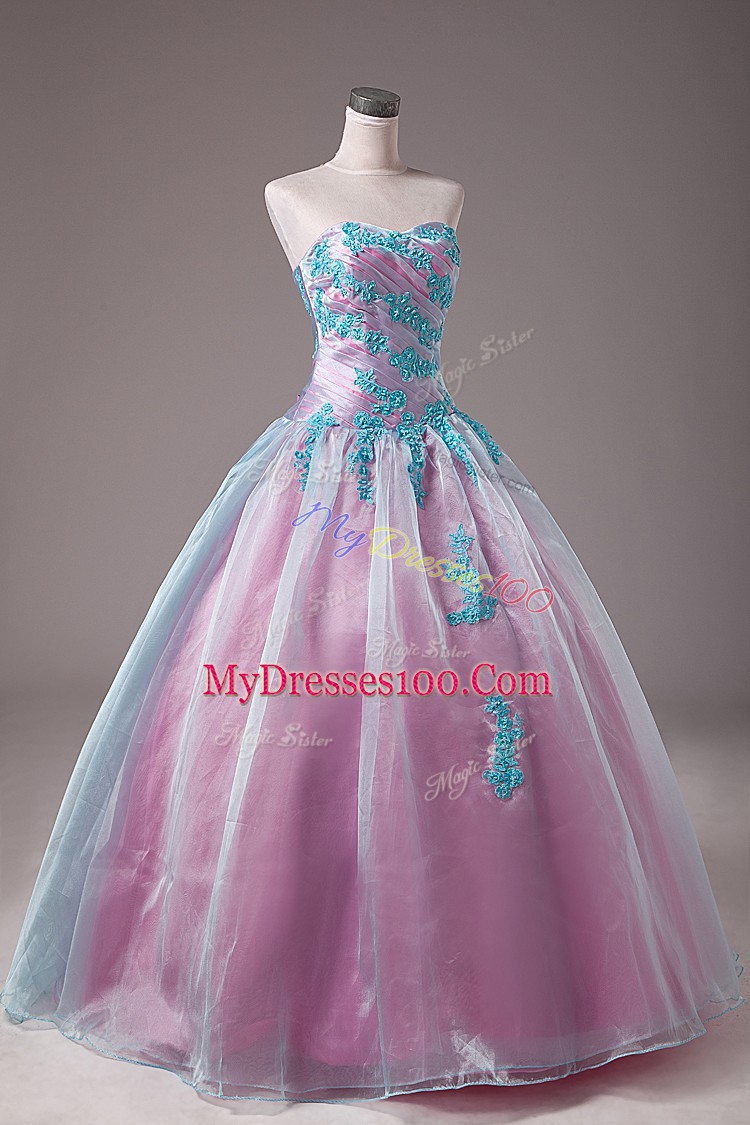 Sleeveless Floor Length Appliques Lace Up 15 Quinceanera Dress with Light Blue