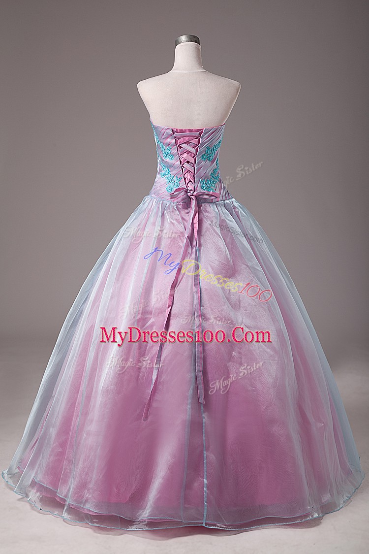 Sleeveless Floor Length Appliques Lace Up 15 Quinceanera Dress with Light Blue