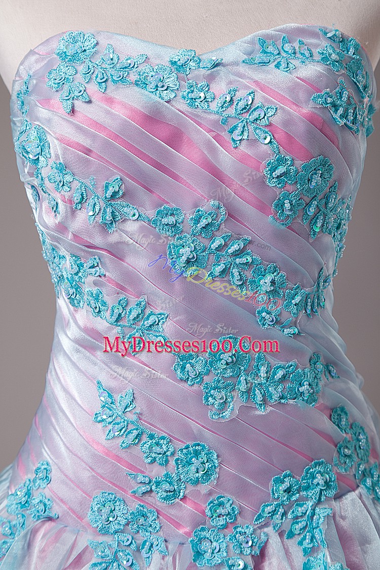 Sleeveless Floor Length Appliques Lace Up 15 Quinceanera Dress with Light Blue
