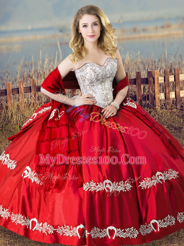 Chic Ball Gowns Sweet 16 Dress Red Sweetheart Satin Sleeveless Floor Length Lace Up