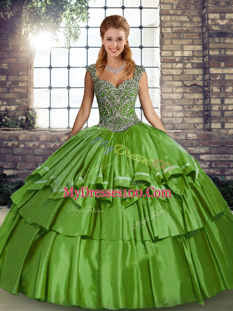 Sleeveless Taffeta Floor Length Lace Up Quinceanera Gown in Green with Beading and Ruffled Layers