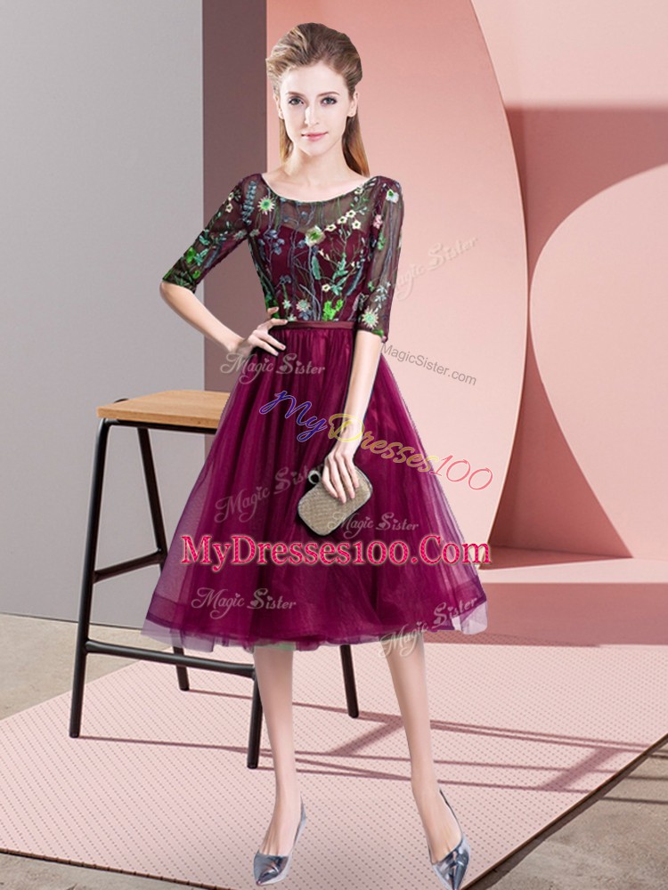 Custom Design Fuchsia Half Sleeves Embroidery Knee Length Dama Dress
